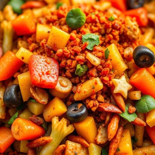 A close-up of a vibrant and quick South African meal, showcasing colorful ingredients and spices.