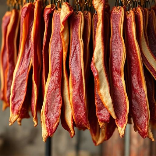 A close-up of Biltong, dried cured meat hanging in strips.