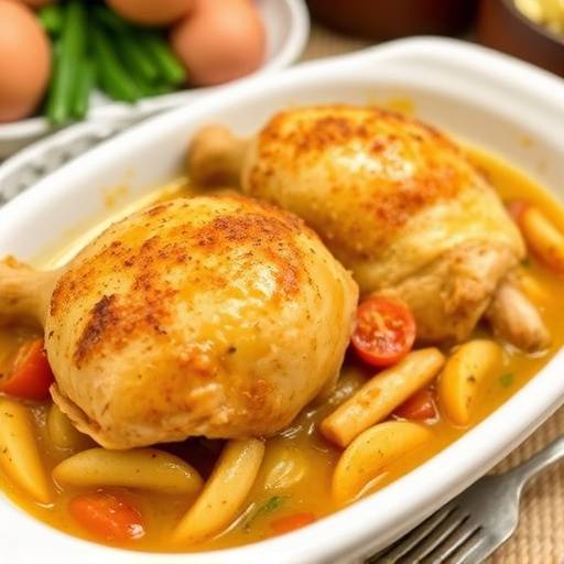 A hearty chicken casserole served in a ceramic dish