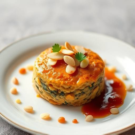 A plate of bobotie, a classic South African dish, garnished with chutney and almonds.