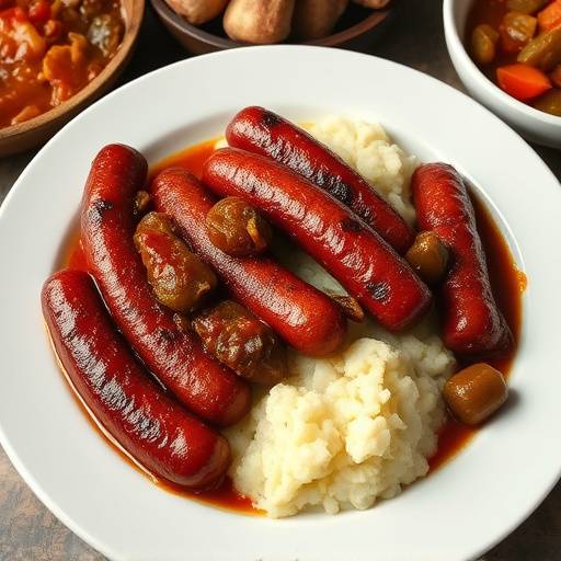A plate of boerewors, a traditional South African sausage, served with pap and chakalaka.
