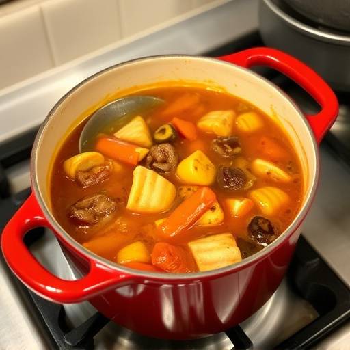 A pot of hearty bredie simmering on a stove