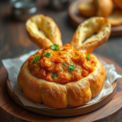 A steaming bowl of Bunny Chow, a hollowed-out loaf of bread filled with curry.