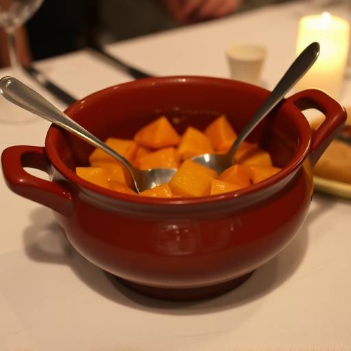A table set with a potjie pot and serving spoons, ready to serve potjiekos.