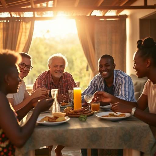 A warm South African family enjoying a traditional home-cooked meal together at a sunlit table.