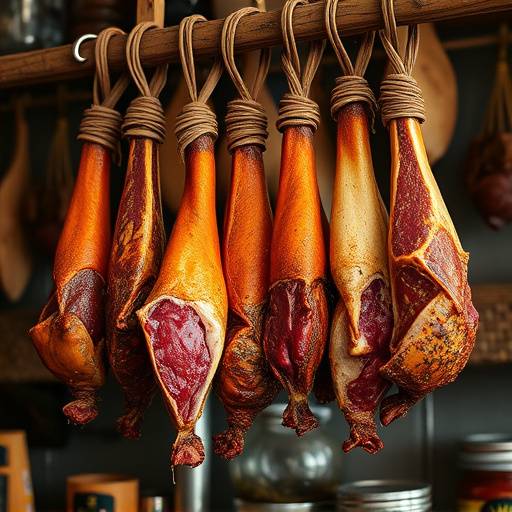 Biltong hanging to dry, showcasing different cuts and spices