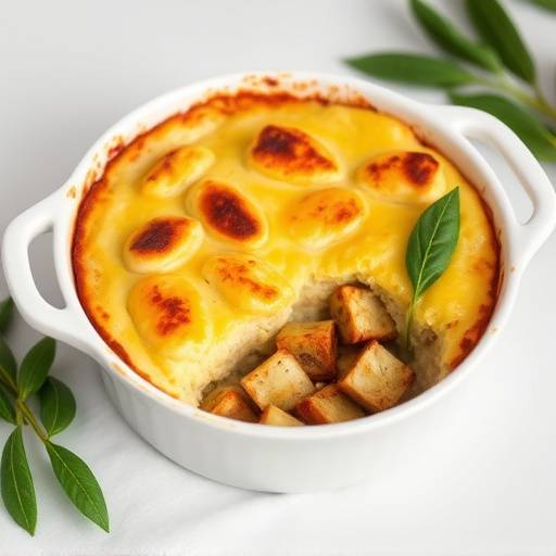 Bobotie served in a baking dish, sprinkled with bay leaves