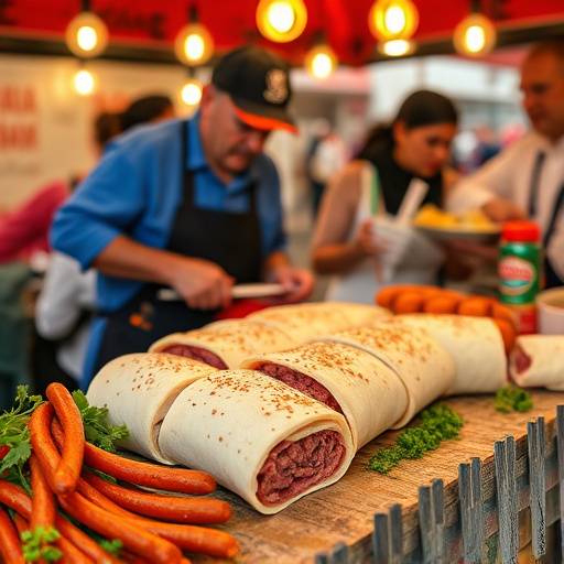 Boerewors roll being prepared at a street food stall, with fresh toppings and condiments.