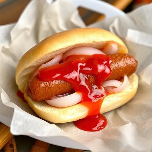 Boerewors roll on a bun with tomato sauce and onion