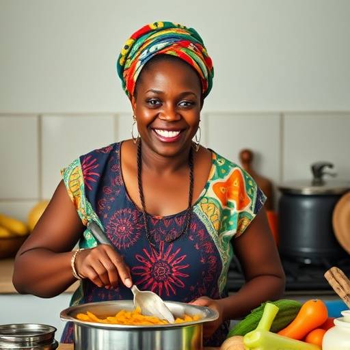 Mama Zola, a warm and inviting South African woman, smiling in her kitchen with cooking utensils.