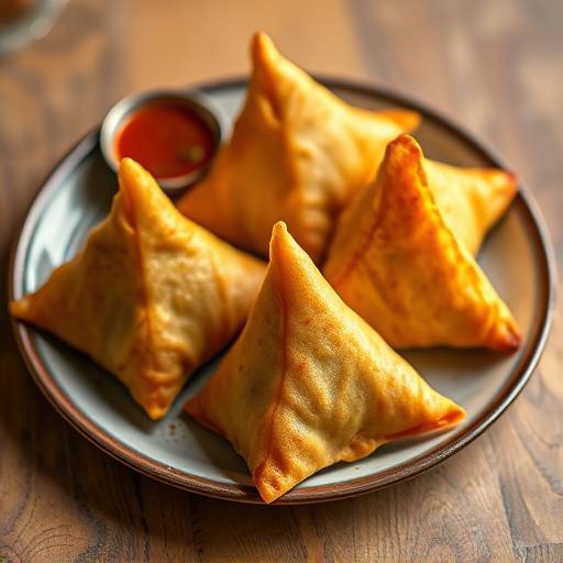 Samoosas arranged on a plate, showcasing their triangular shape and crispy texture